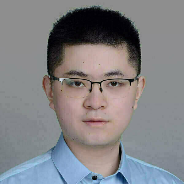 Headshot of Liu Liu, a man with short black hair, wearing glasses and a light blue collared shirt against a gray background.